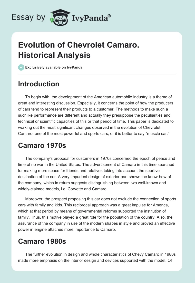 Evolution of Chevrolet Camaro. Historical Analysis. Page 1