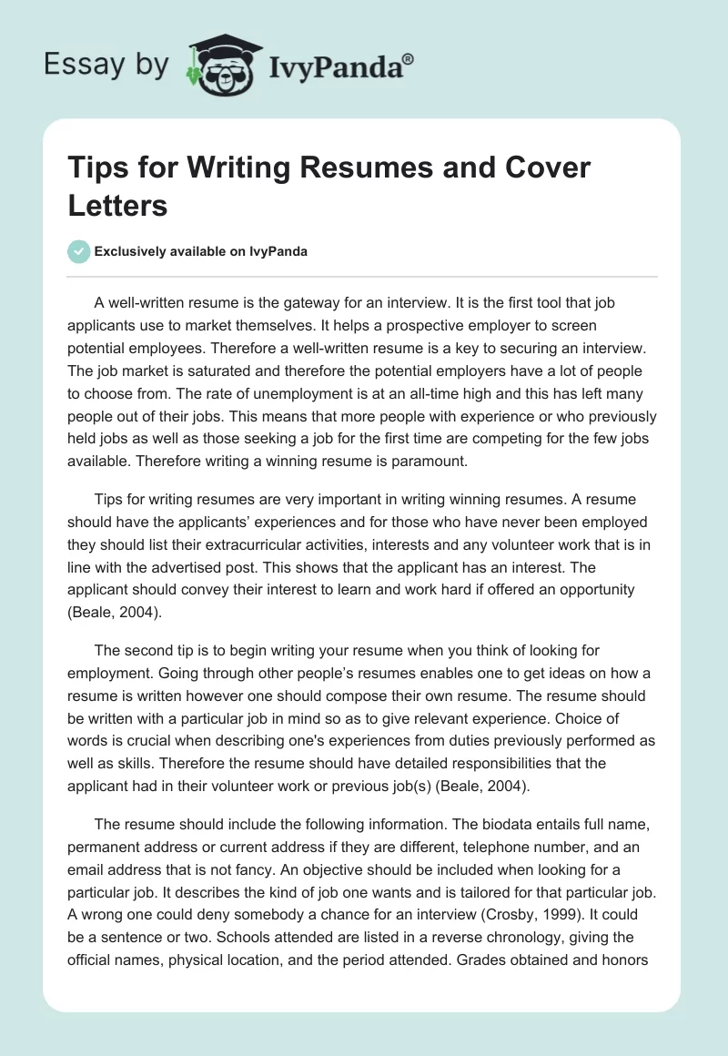 Tips for Writing Resumes and Cover Letters. Page 1