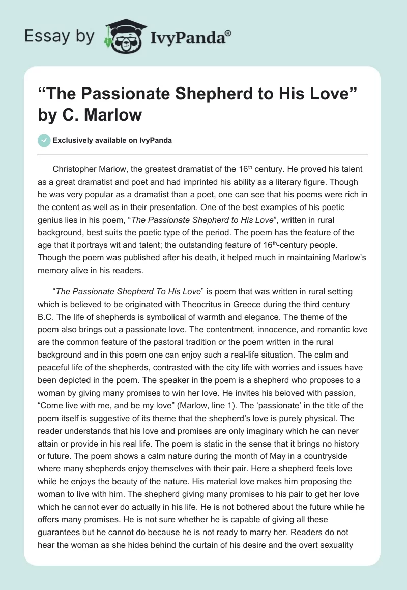 thesis statement for the passionate shepherd to his love