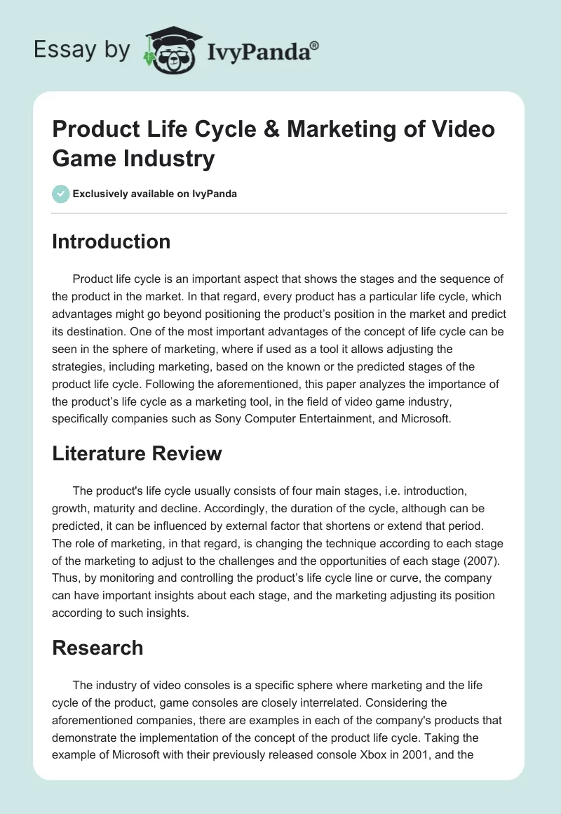 Product Life Cycle & Marketing of Video Game Industry. Page 1