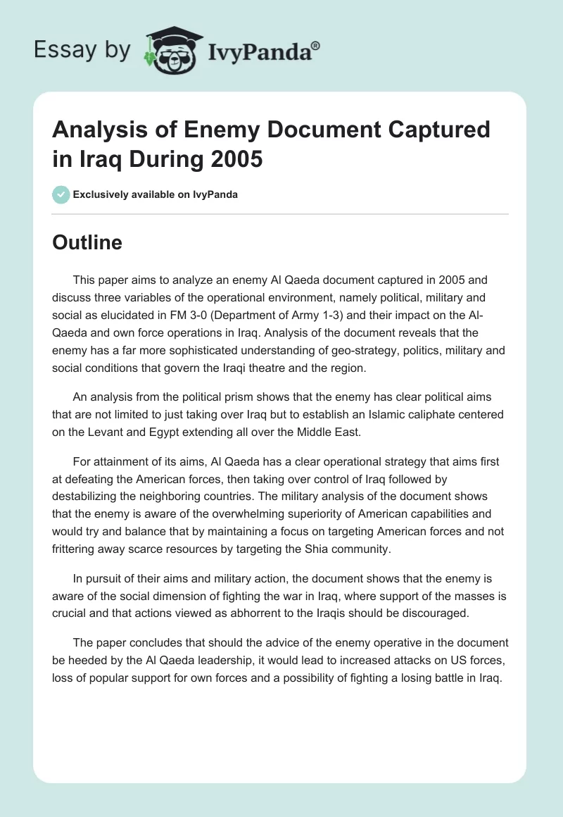 Analysis of Enemy Document Captured in Iraq During 2005. Page 1