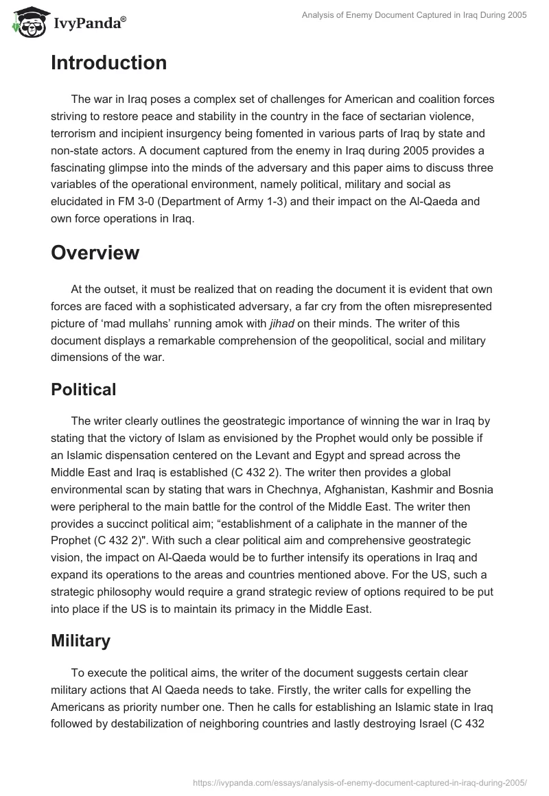 Analysis of Enemy Document Captured in Iraq During 2005. Page 2
