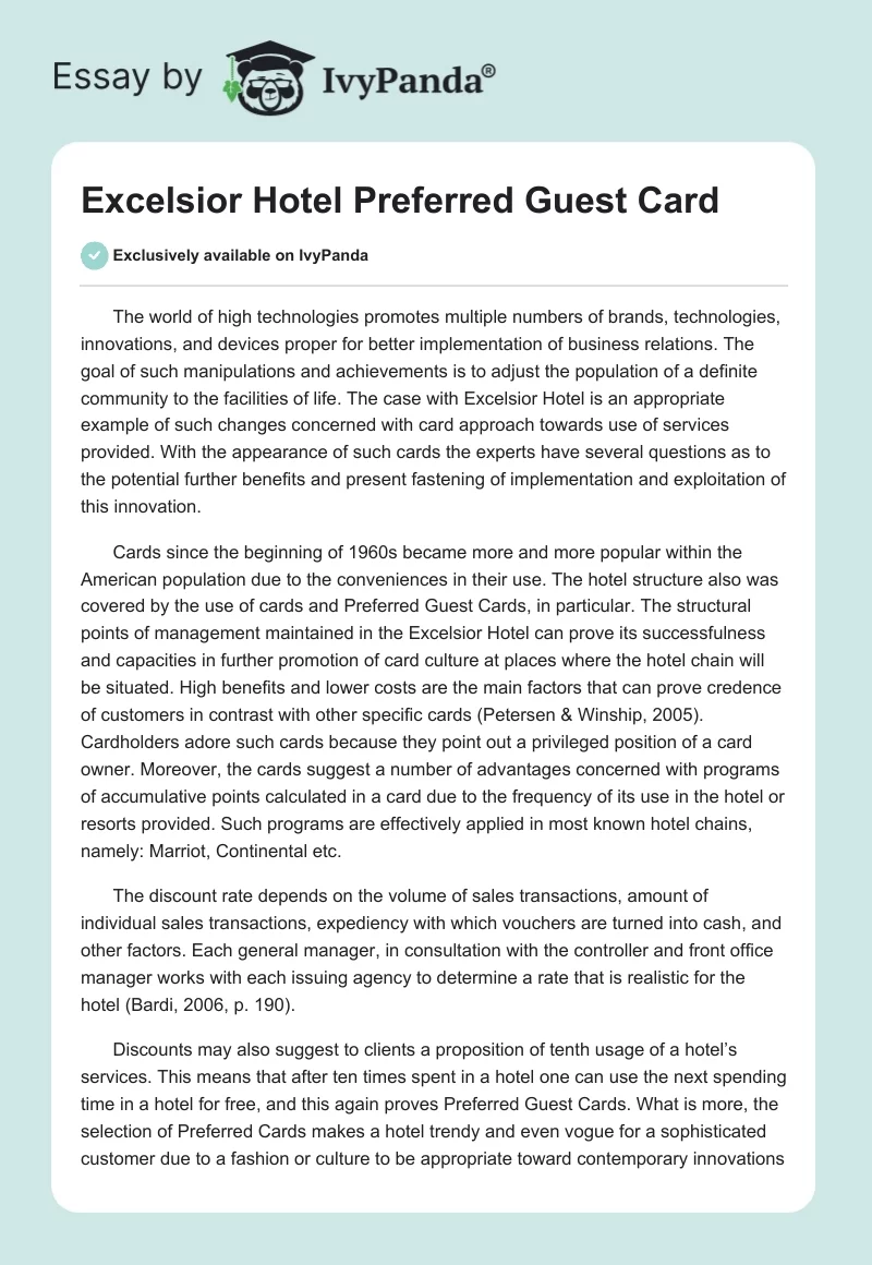 Excelsior Hotel Preferred Guest Card. Page 1