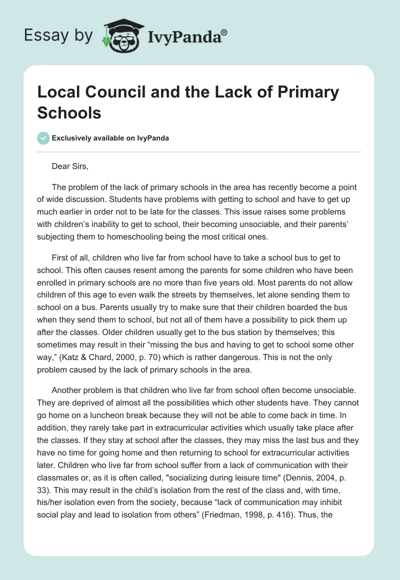 Local Council and the Lack of Primary Schools. Page 1