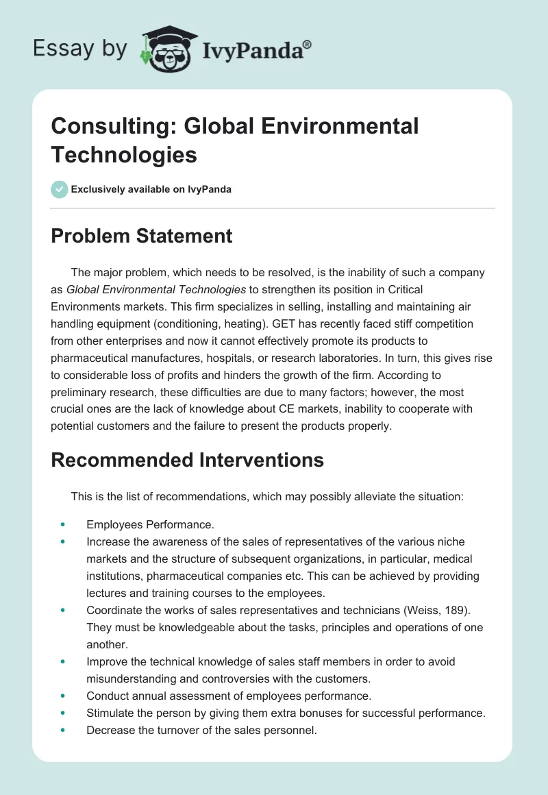 Consulting: "Global Environmental Technologies". Page 1