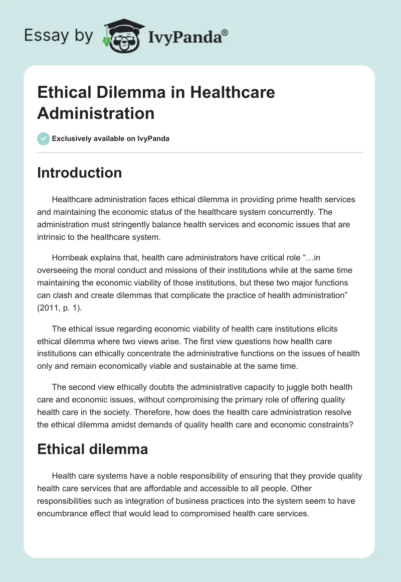 Ethical Dilemma in Healthcare Administration. Page 1