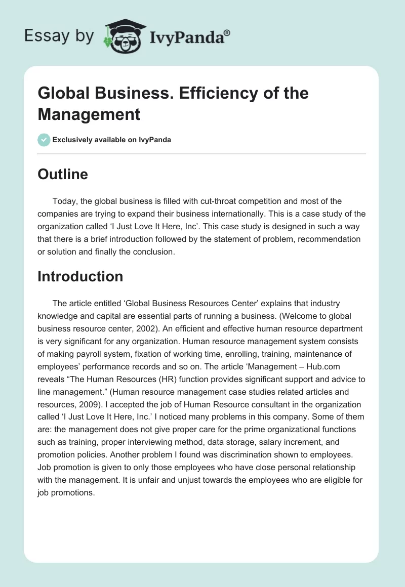 Global Business. Efficiency of the Management. Page 1