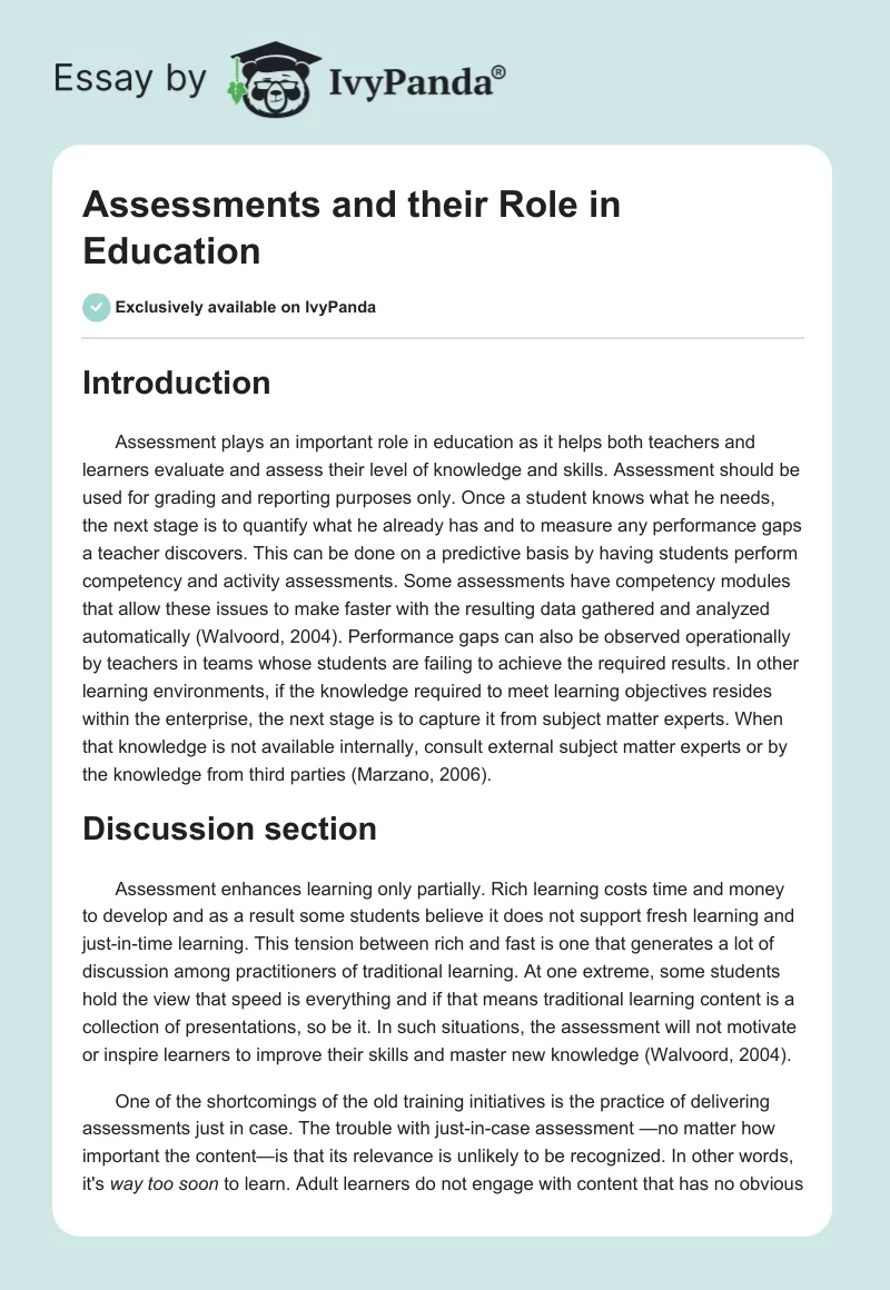 Assessments and their Role in Education. Page 1