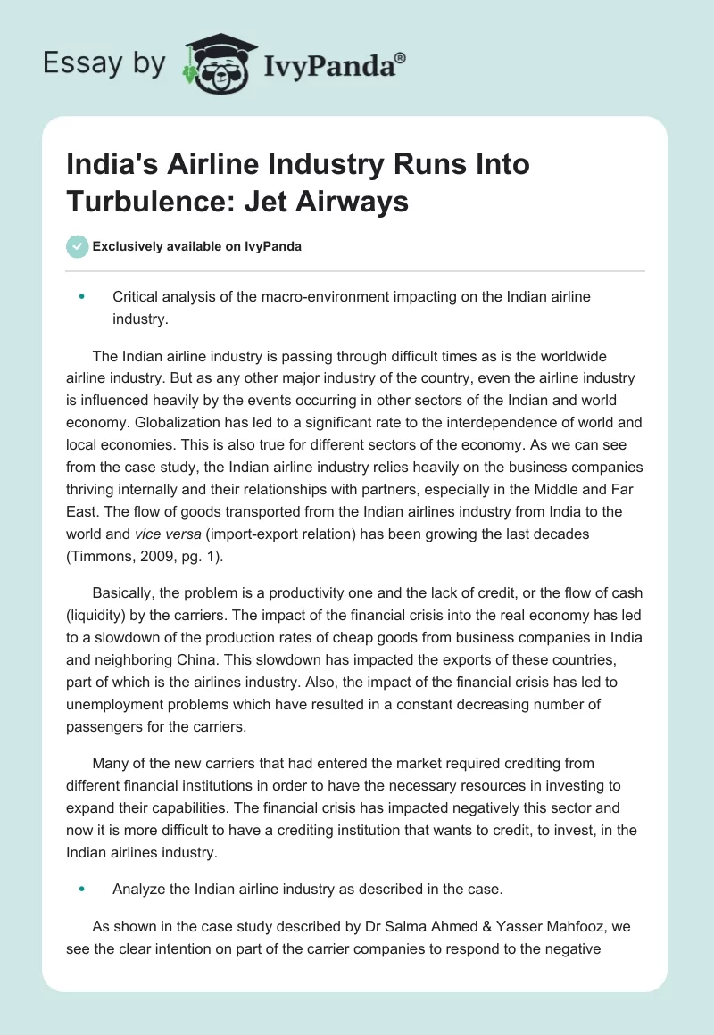 India's Airline Industry Runs Into Turbulence: Jet Airways. Page 1