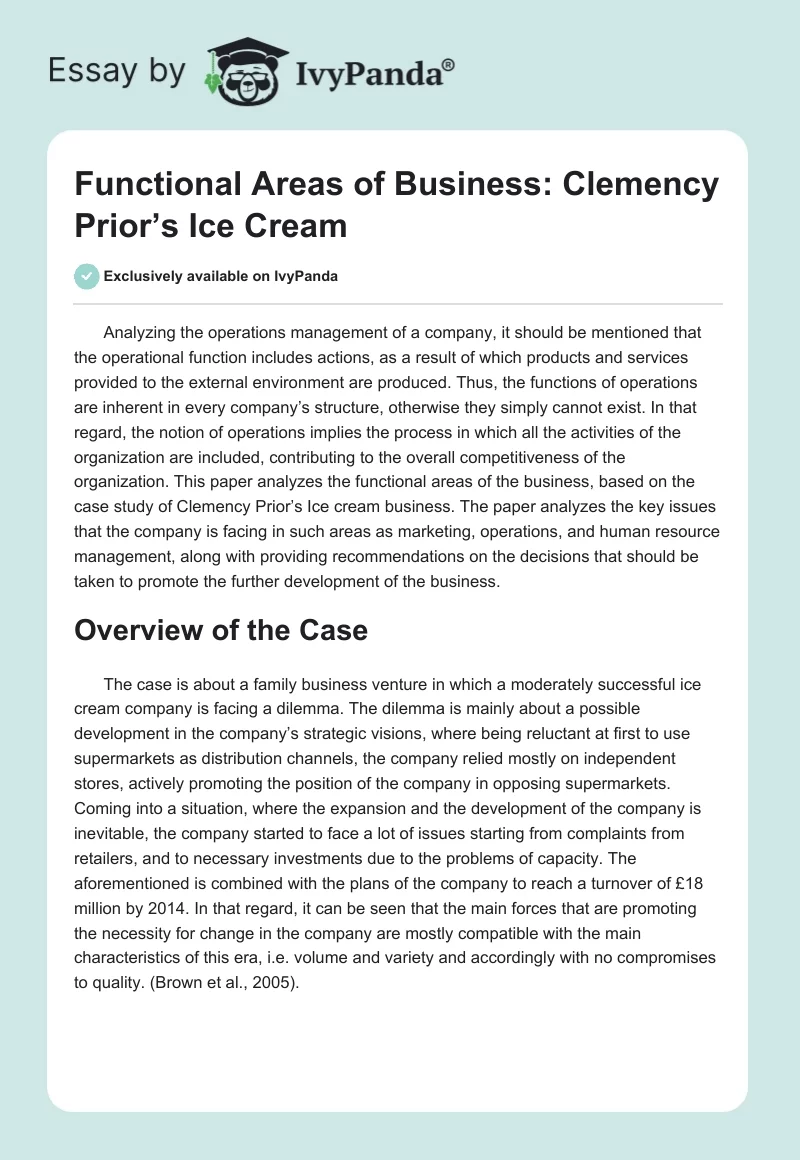 Functional Areas of Business: Clemency Prior’s Ice Cream. Page 1