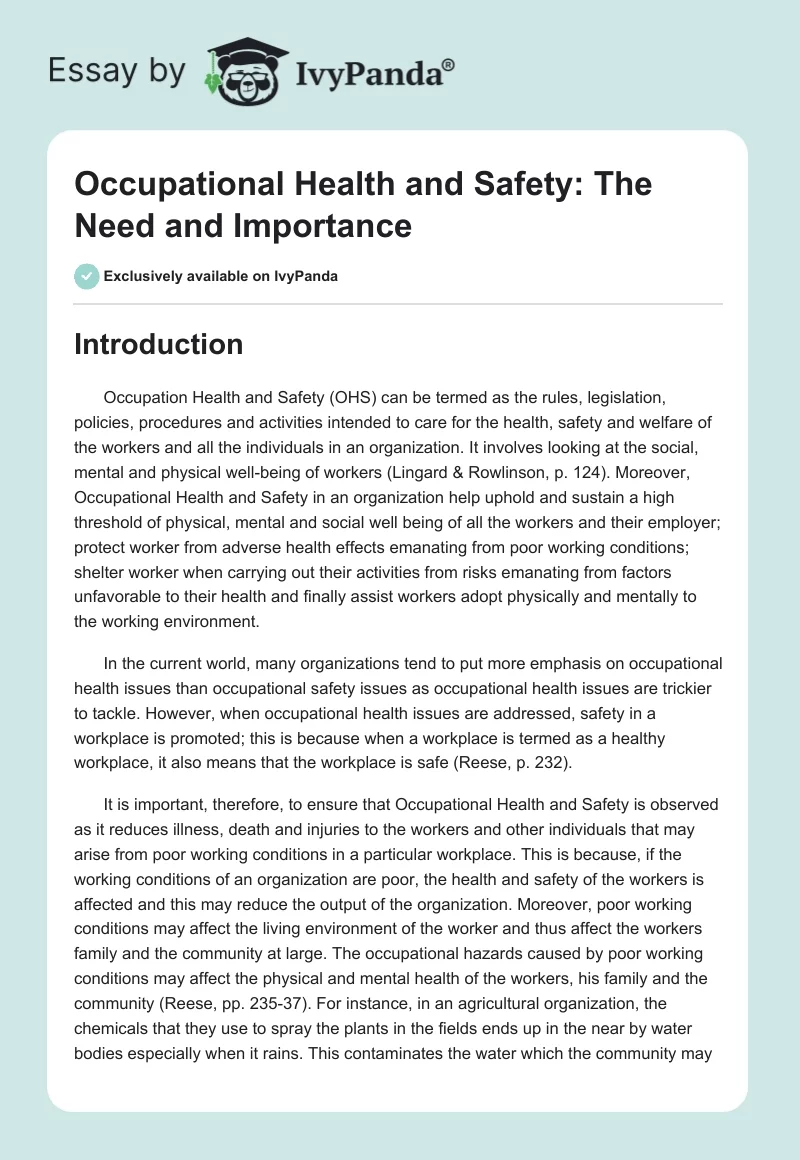 Occupational Health and Safety: The Need and Importance. Page 1
