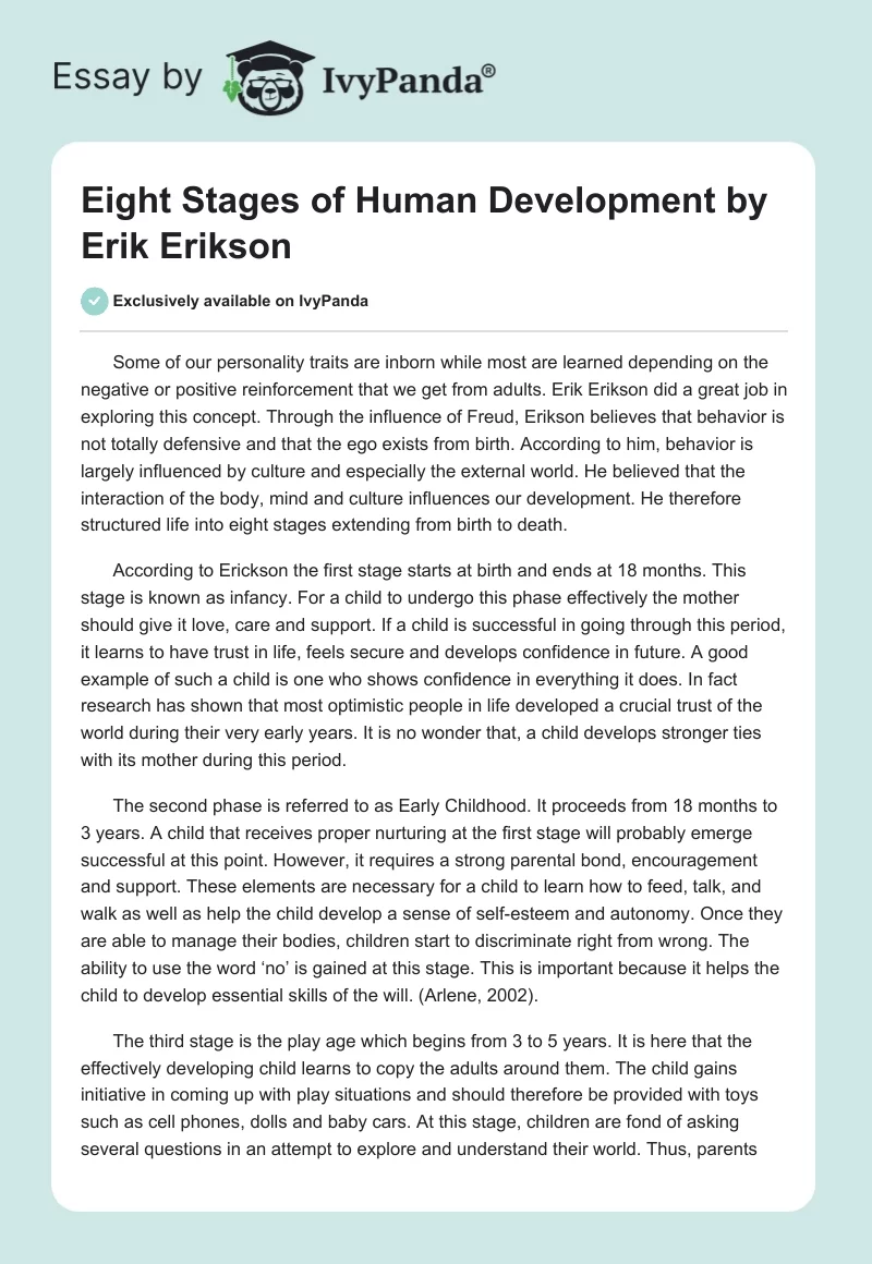 "Eight Stages of Human Development" by Erik Erikson. Page 1