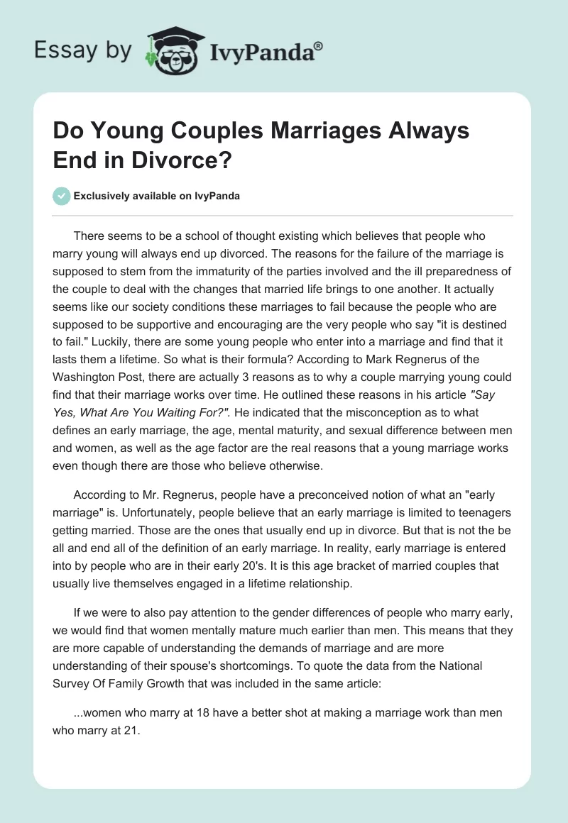 Do Young Couples Marriages Always End in Divorce?. Page 1