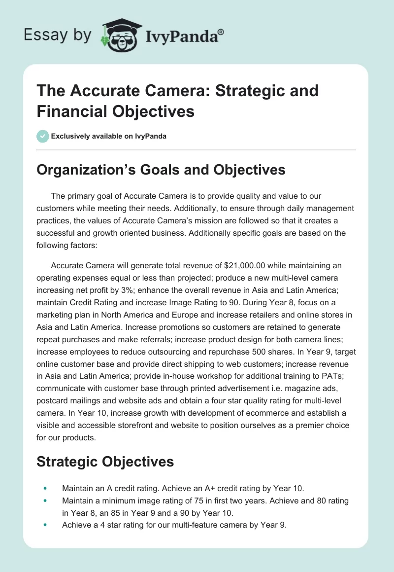 The Accurate Camera: Strategic and Financial Objectives. Page 1