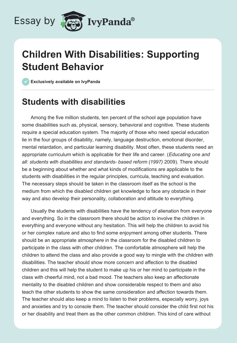 Children With Disabilities: Supporting Student Behavior. Page 1