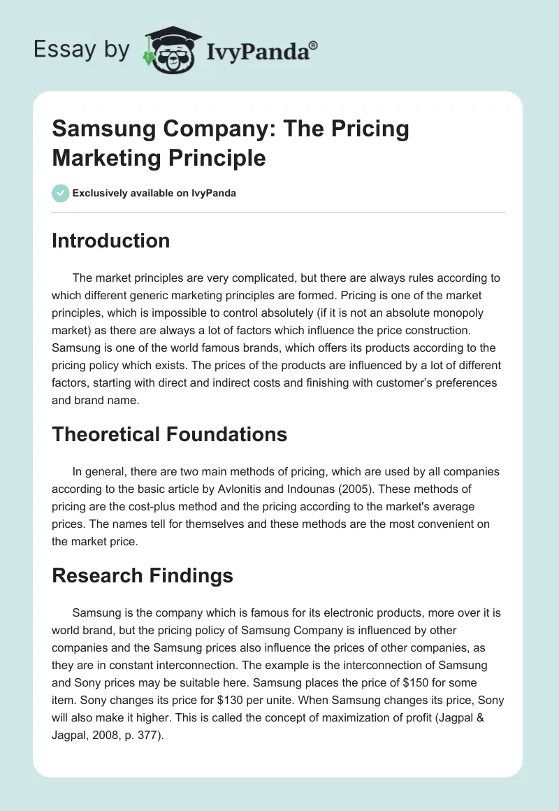 Samsung Company: The Pricing Marketing Principle. Page 1