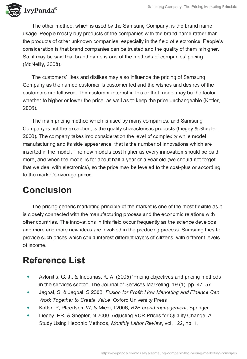 Samsung Company: The Pricing Marketing Principle. Page 2