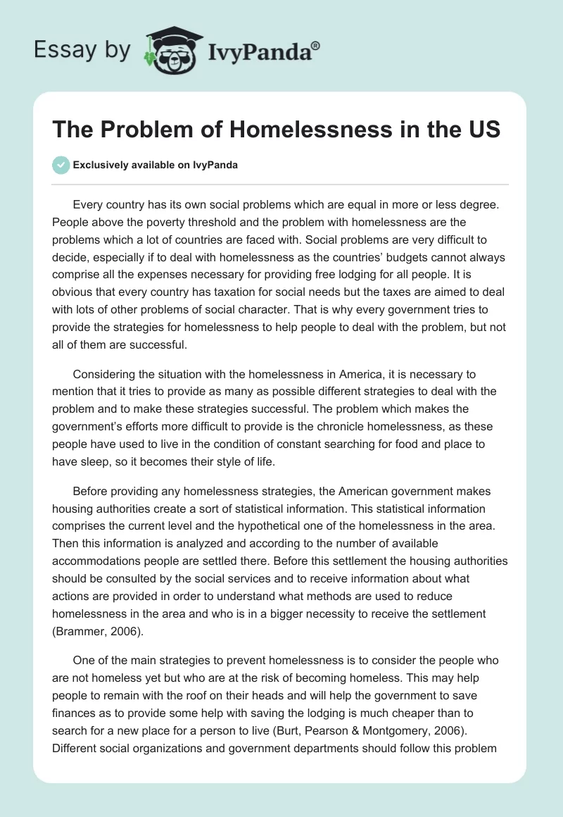 The Problem of Homelessness in the US. Page 1
