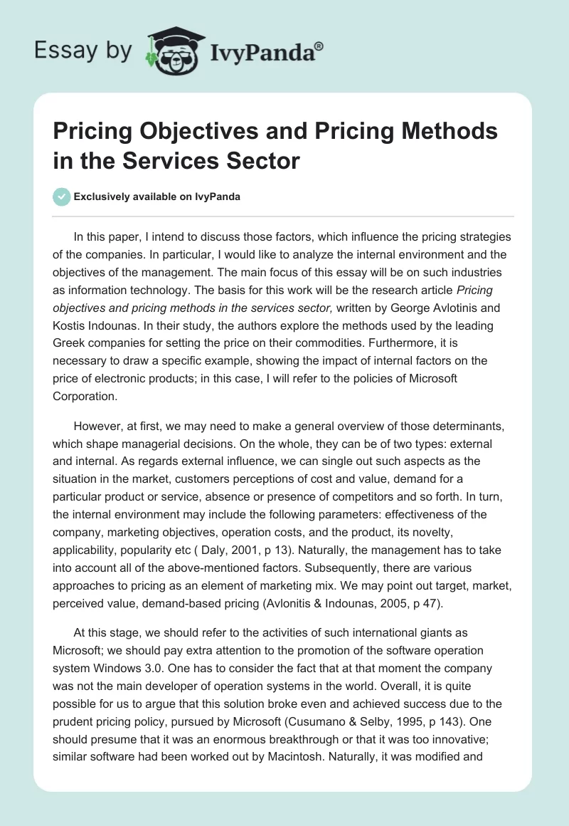 Pricing Objectives and Pricing Methods in the Services Sector. Page 1