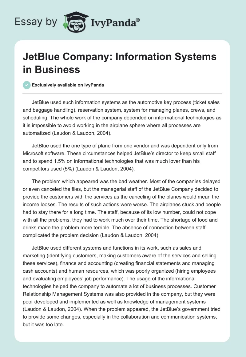 JetBlue Company: Information Systems in Business. Page 1