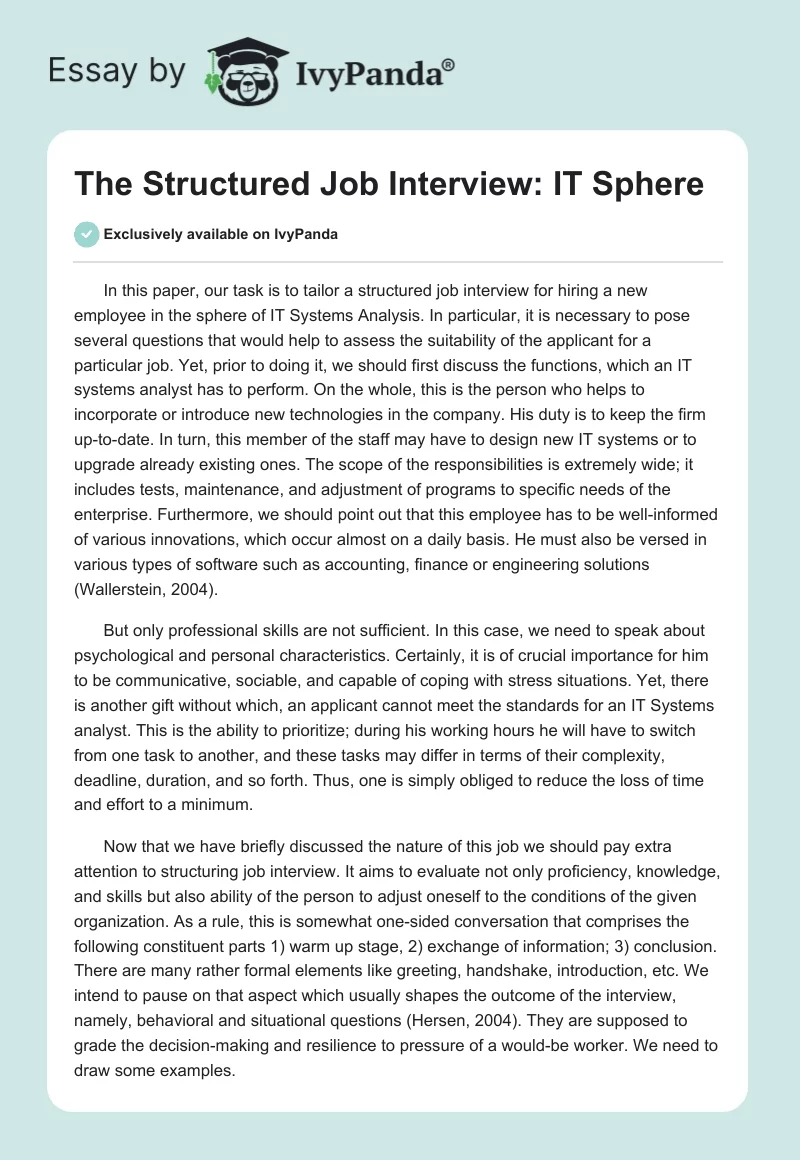 The Structured Job Interview: IT Sphere. Page 1