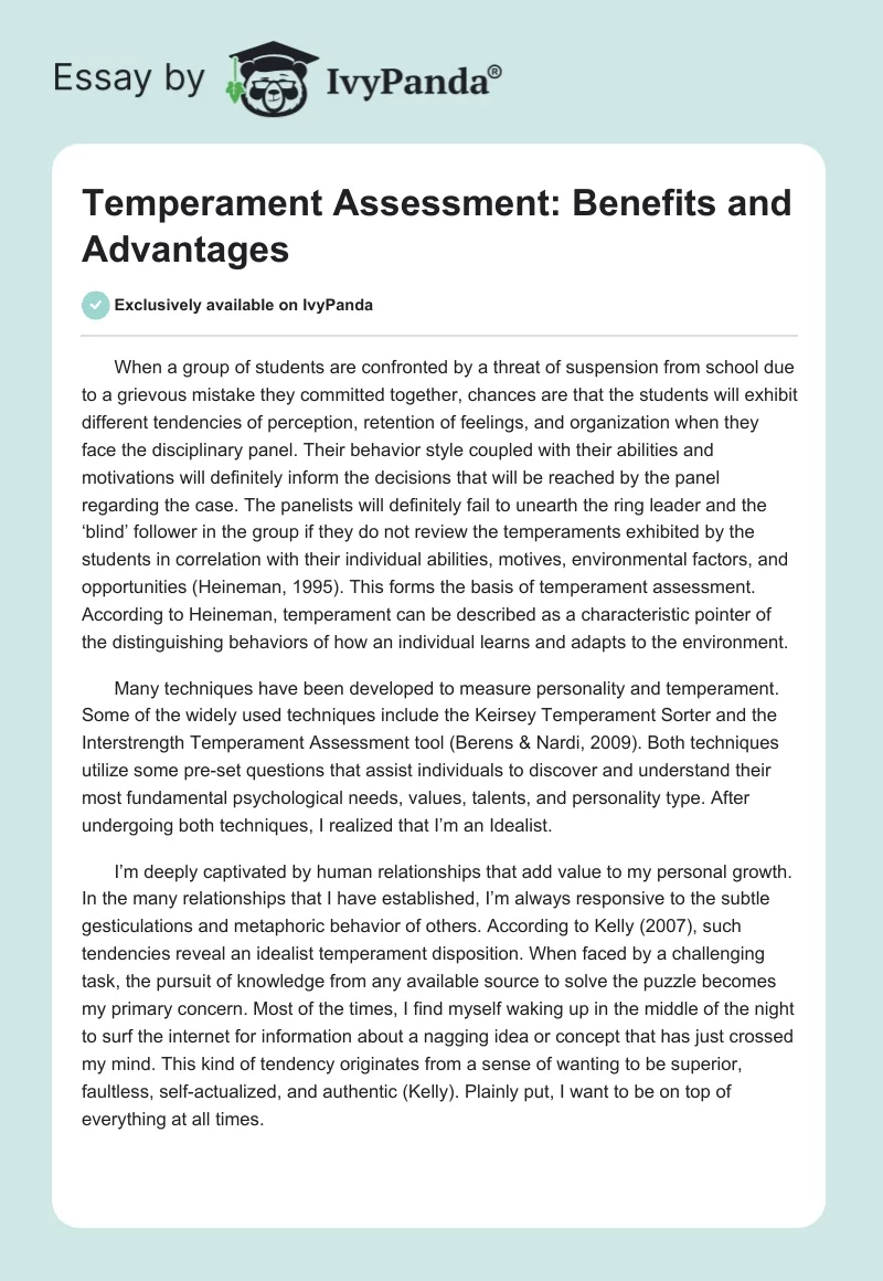 Temperament Assessment: Benefits and Advantages. Page 1