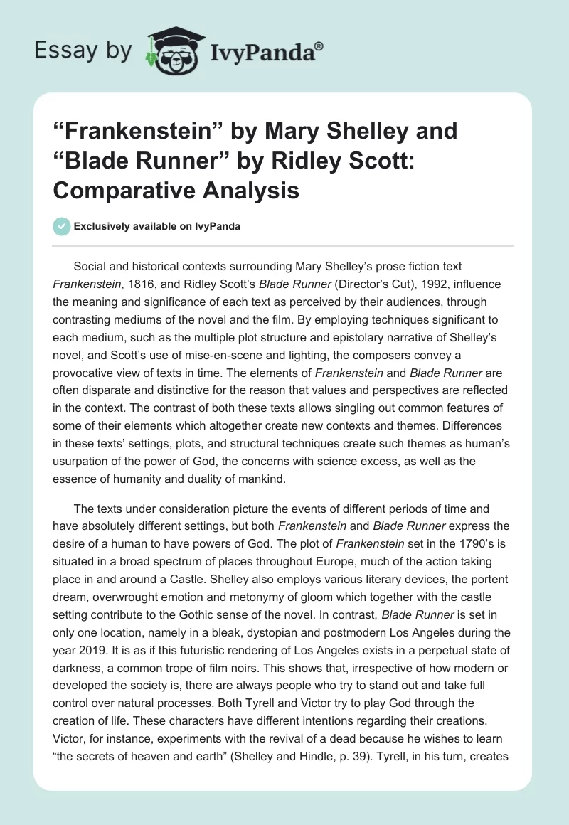 “Frankenstein” by Mary Shelley and “Blade Runner” by Ridley Scott: Comparative Analysis. Page 1