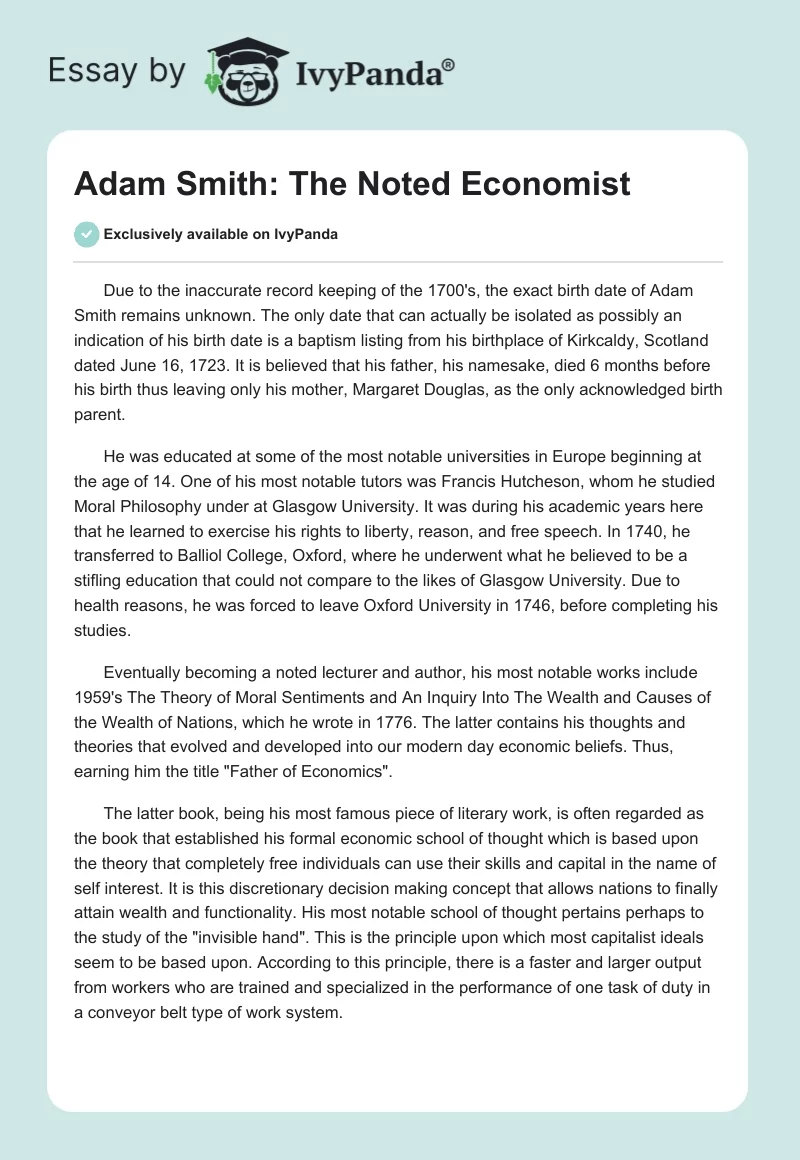 Adam Smith: The Noted Economist. Page 1