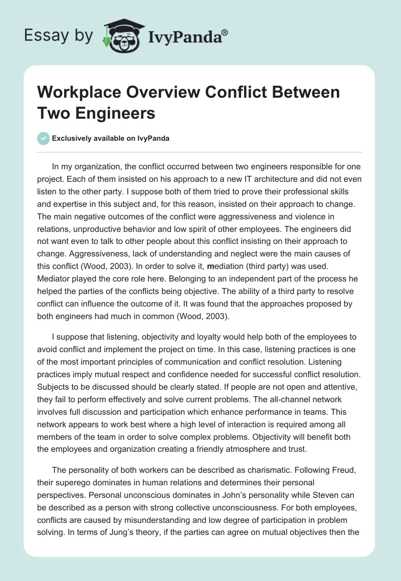 Workplace Overview Conflict Between Two Engineers. Page 1