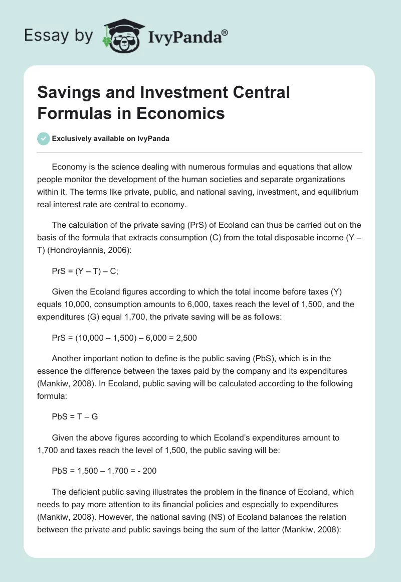 Savings and Investment Central Formulas in Economics. Page 1