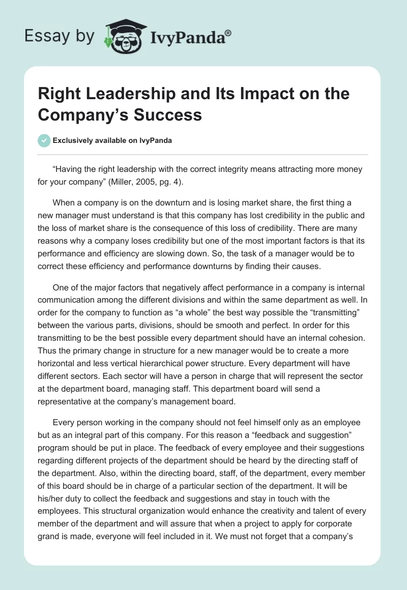 Right Leadership and Its Impact on the Company’s Success. Page 1