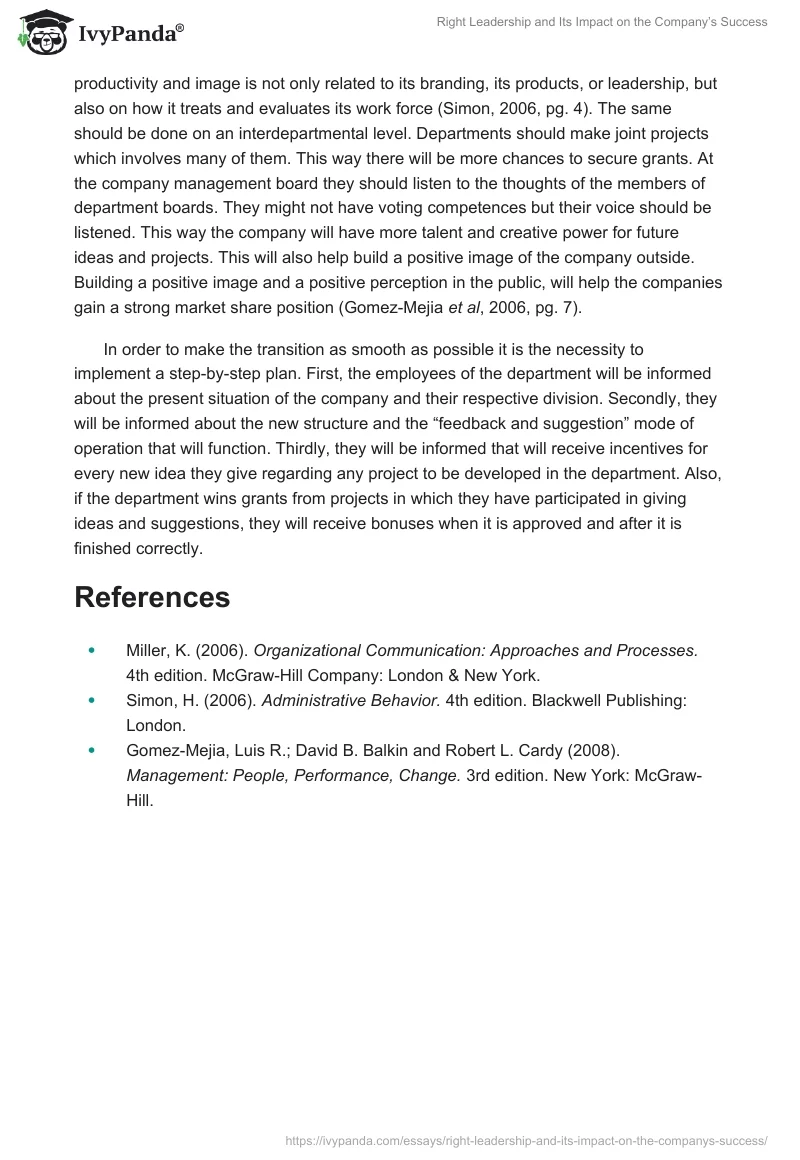 Right Leadership and Its Impact on the Company’s Success. Page 2