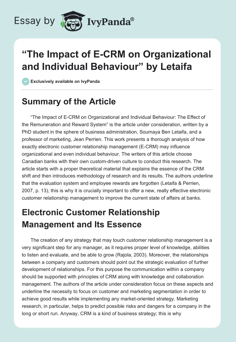 “The Impact of E-CRM on Organizational and Individual Behaviour” by Letaifa. Page 1