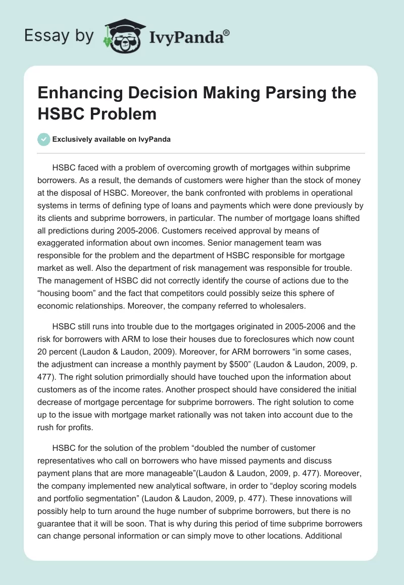 Enhancing Decision Making Parsing the HSBC Problem. Page 1