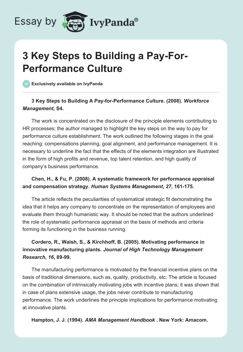 3 Key Steps to Building a Pay-For-Performance Culture. Page 1