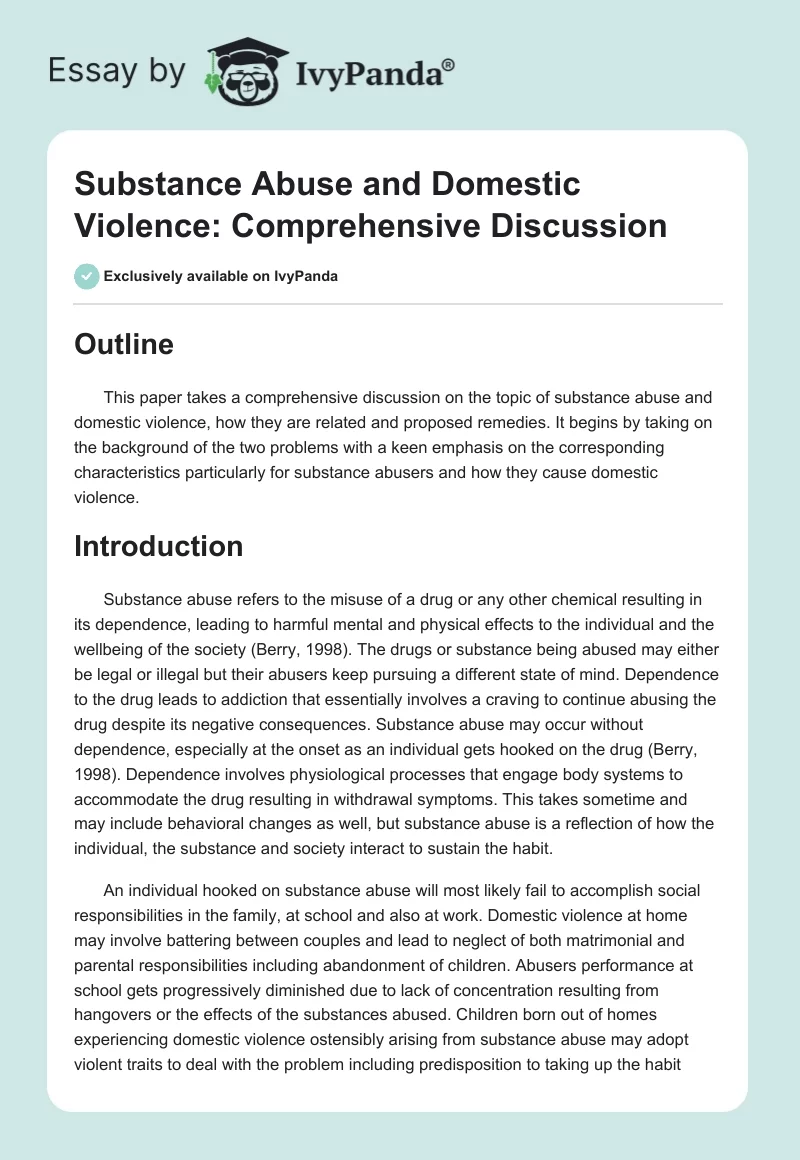 Substance Abuse and Domestic Violence: Comprehensive Discussion. Page 1
