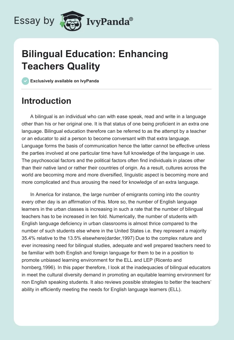 Bilingual Education: Enhancing Teachers Quality. Page 1