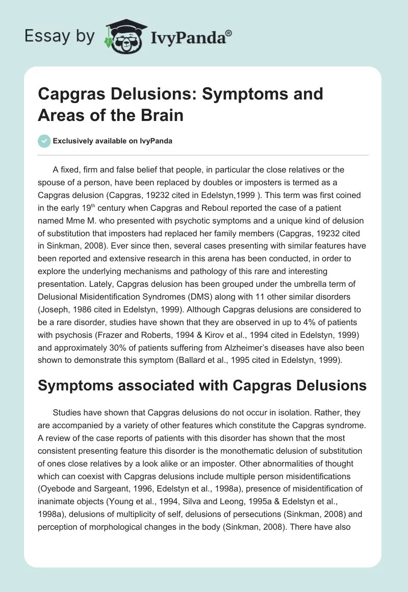Capgras Delusions: Symptoms and Areas of the Brain. Page 1