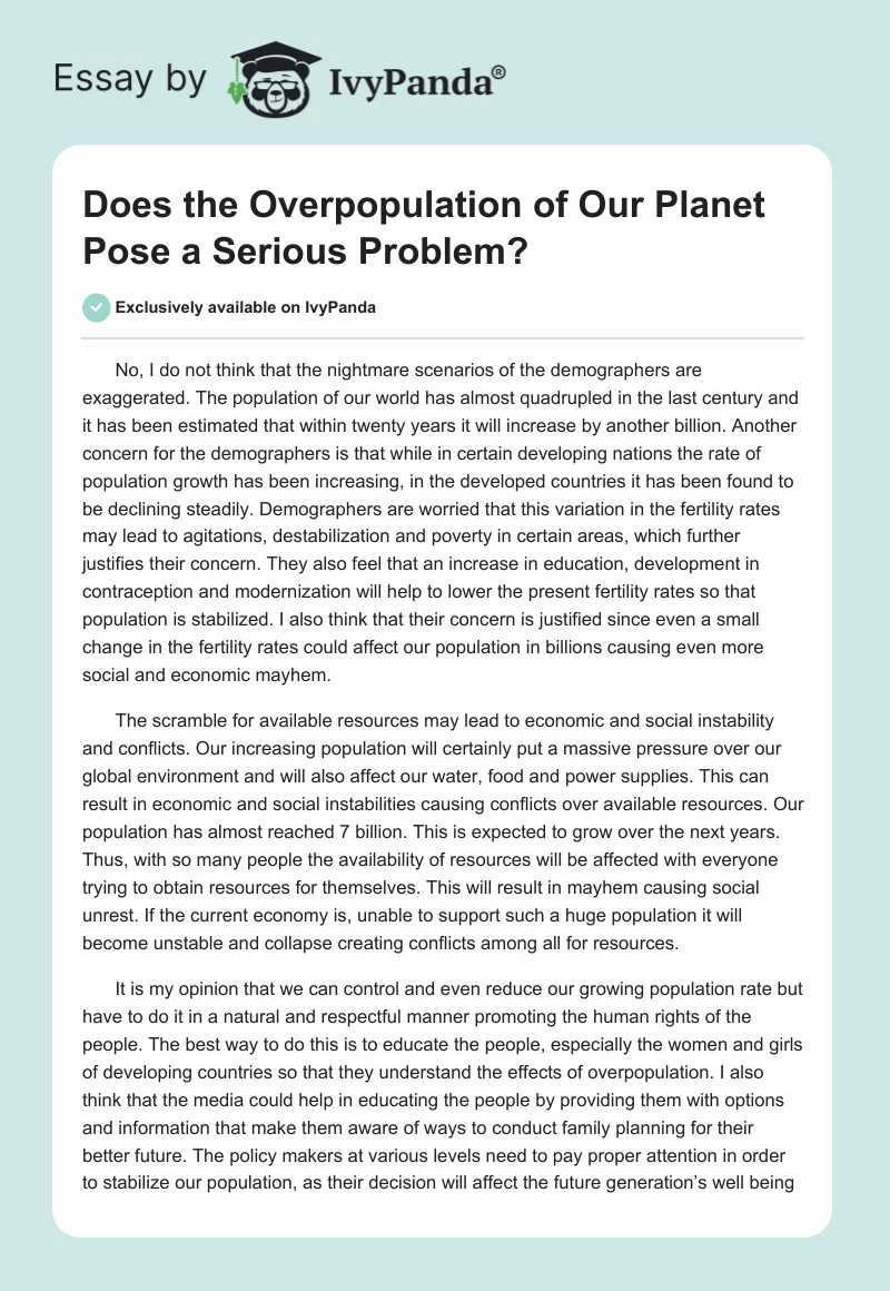 Does the Overpopulation of Our Planet Pose a Serious Problem?. Page 1