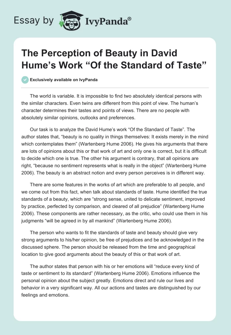 The Perception of Beauty in David Hume’s Work “Of the Standard of Taste”. Page 1
