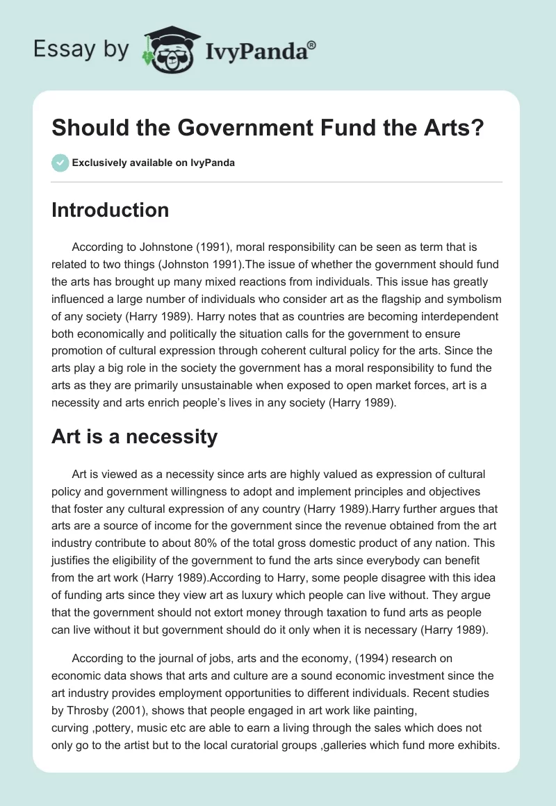 Should the Government Fund the Arts?. Page 1