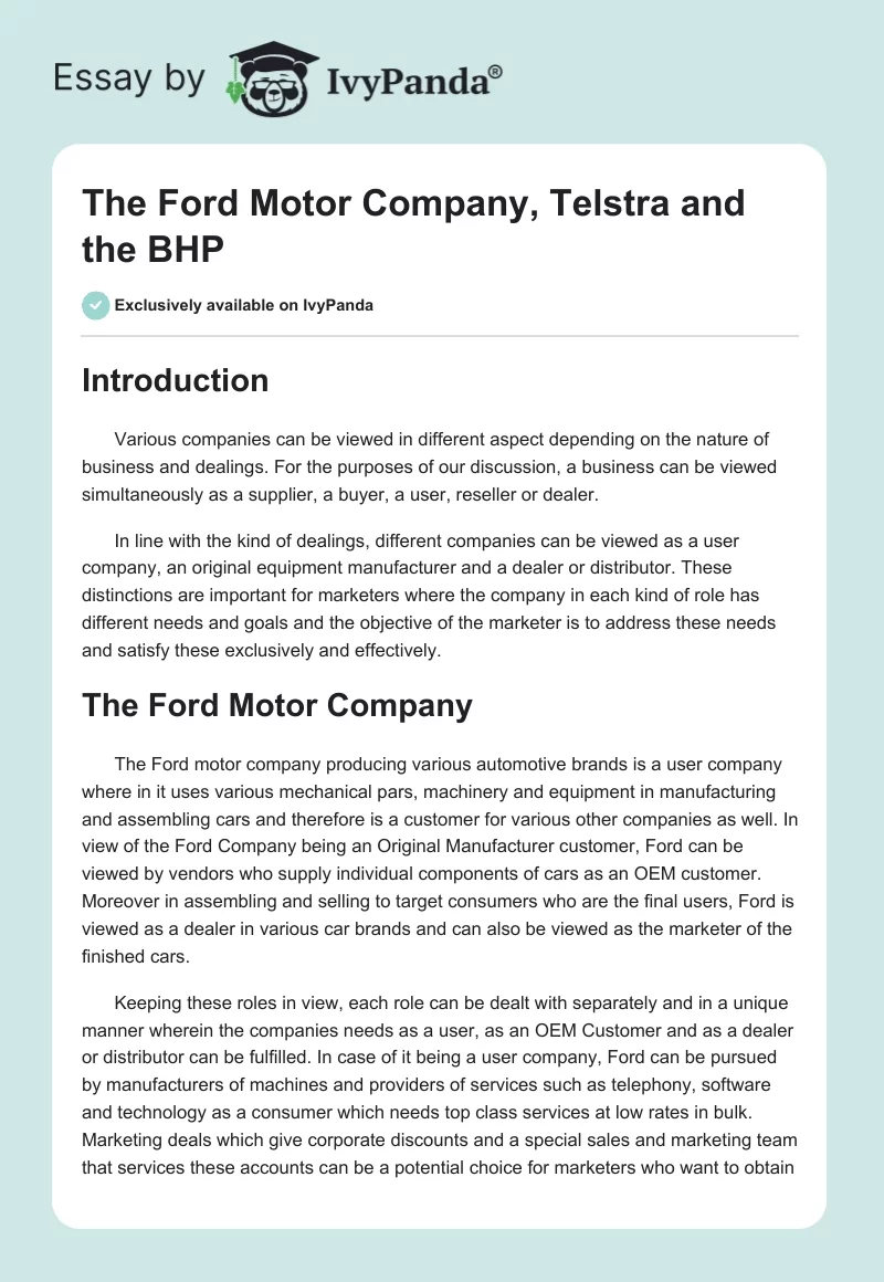 The Ford Motor Company, Telstra and the BHP. Page 1