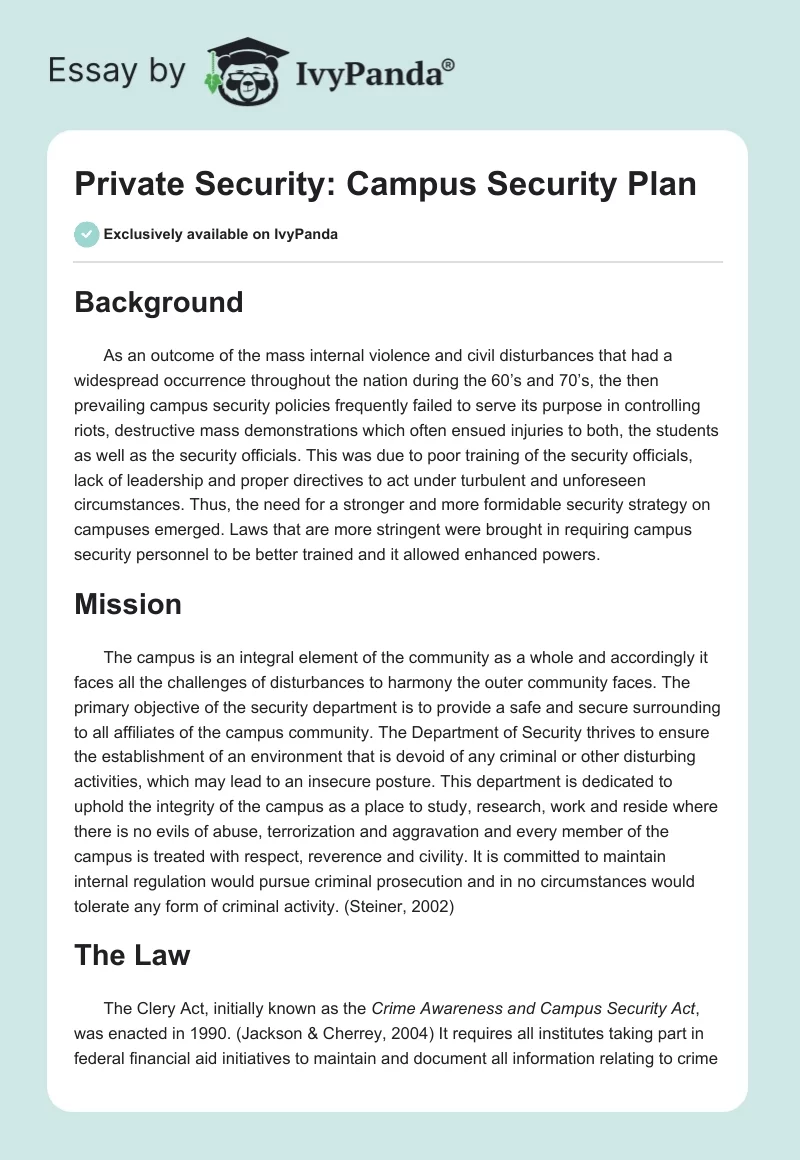 Private Security: Campus Security Plan. Page 1