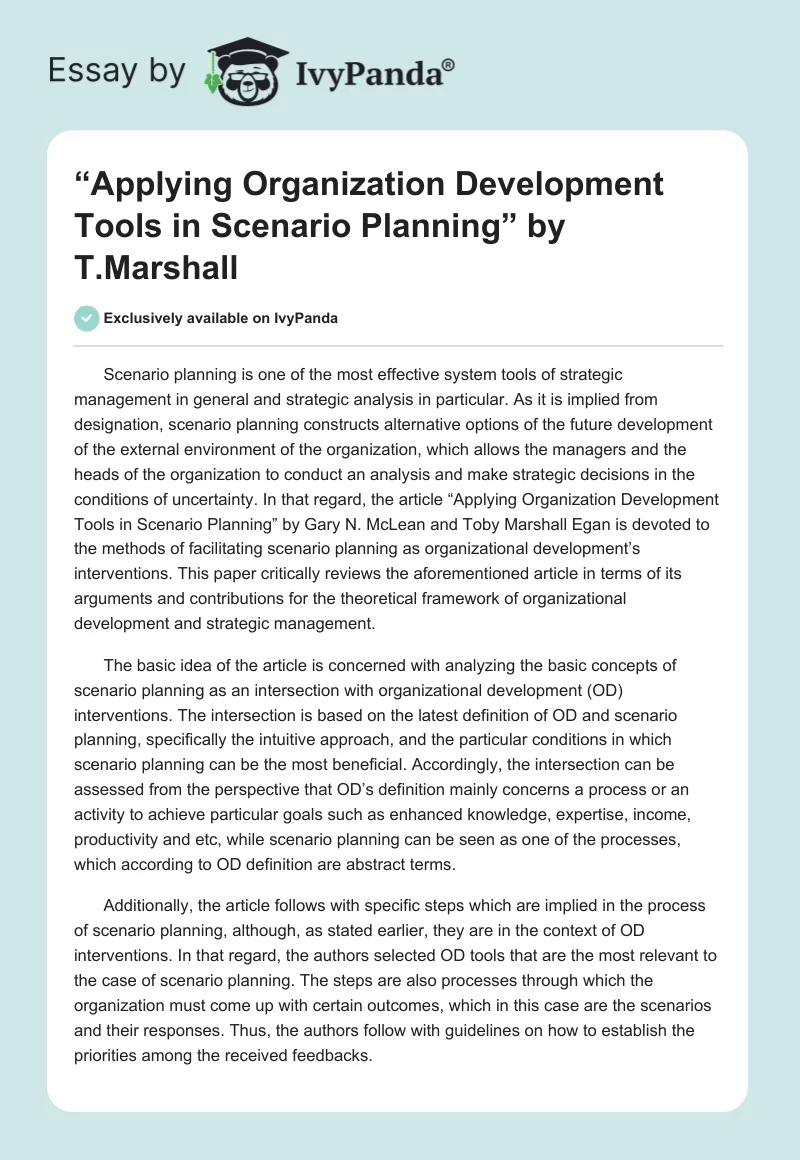 “Applying Organization Development Tools in Scenario Planning” by T.Marshall. Page 1