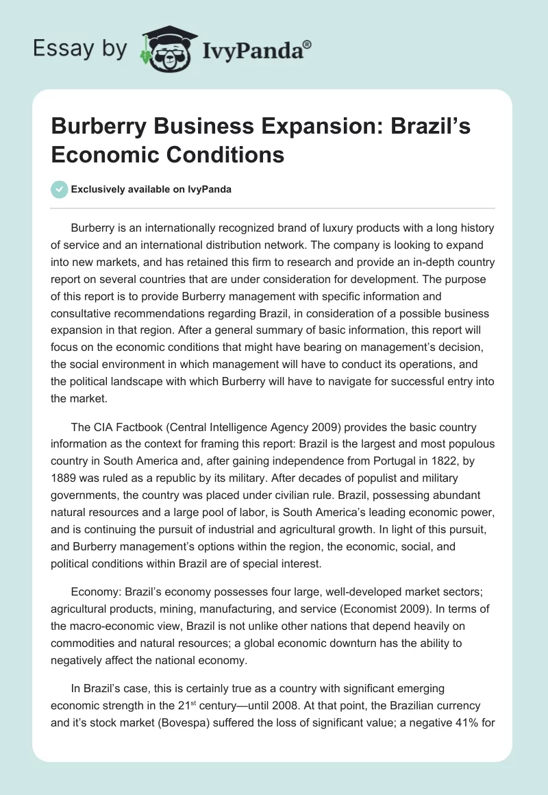 Burberry Business Expansion: Brazil’s Economic Conditions. Page 1