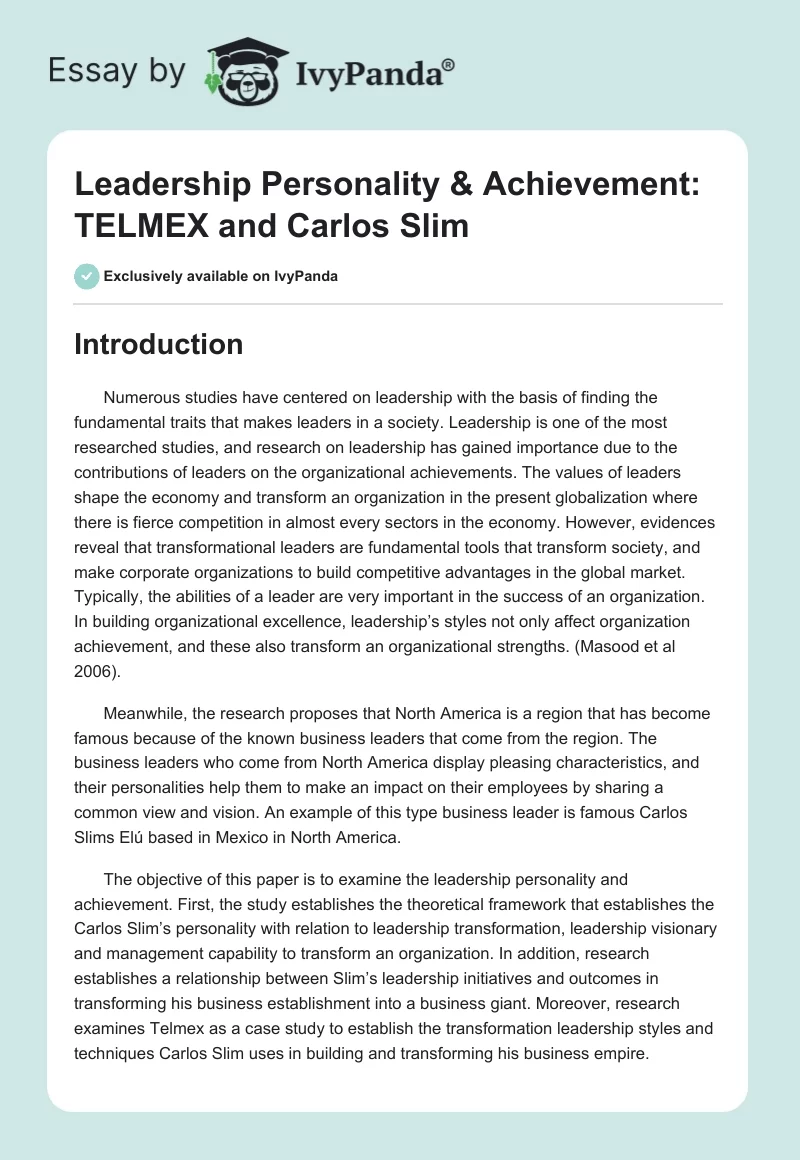 Leadership Personality & Achievement: TELMEX and Carlos Slim. Page 1