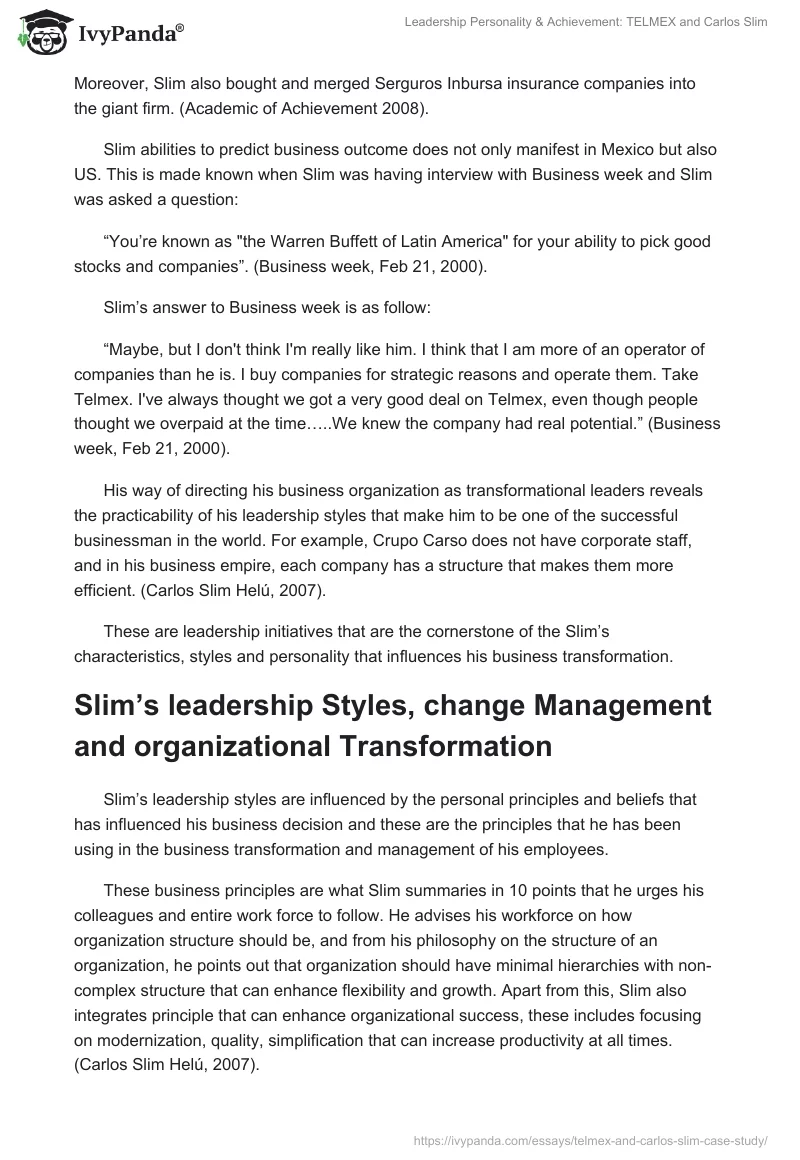 Leadership Personality & Achievement: TELMEX and Carlos Slim. Page 4