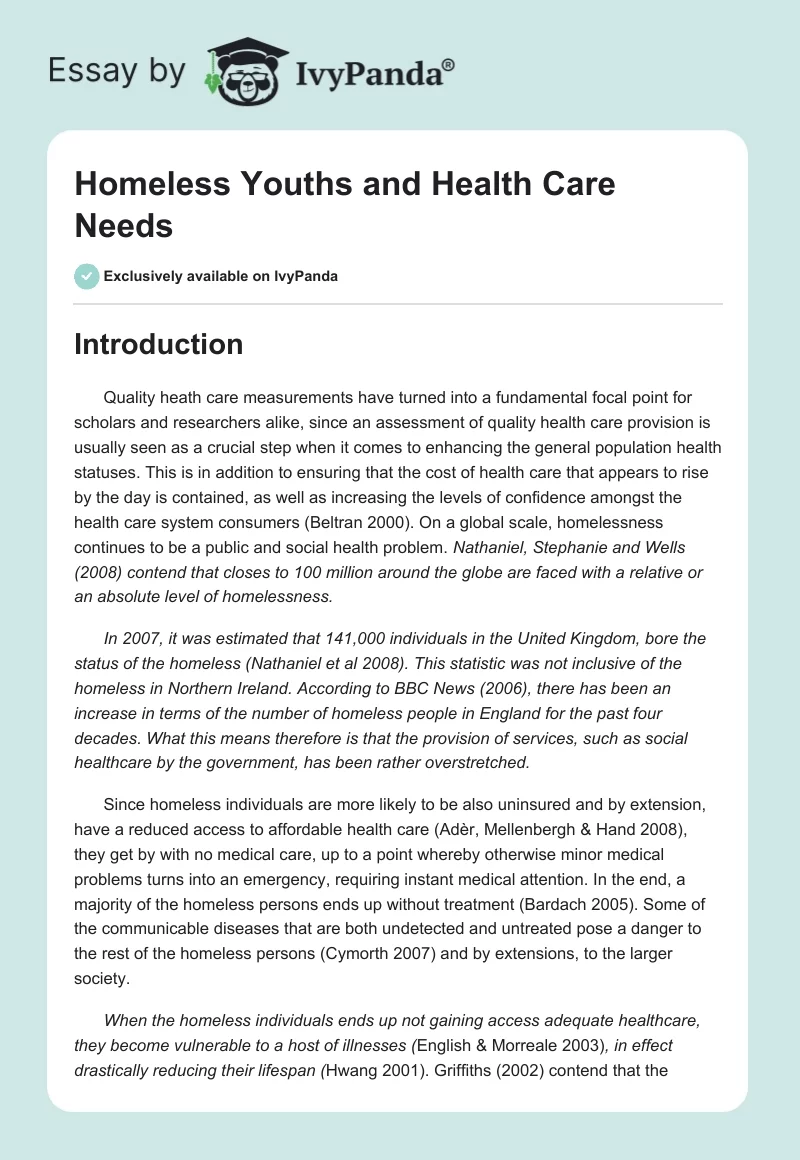 Homeless Youths and Health Care Needs. Page 1