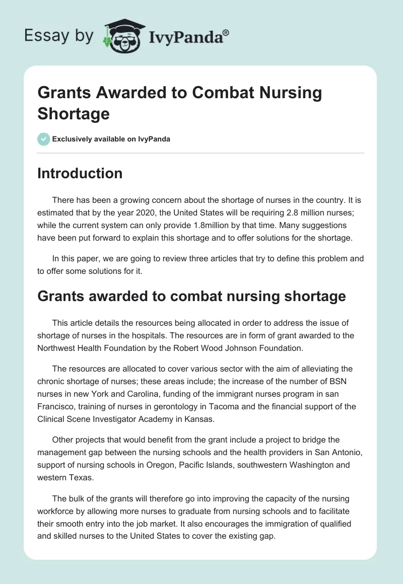 Grants Awarded to Combat Nursing Shortage. Page 1