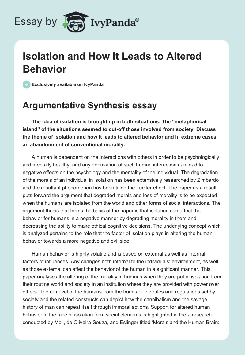 Isolation and How It Leads to Altered Behavior. Page 1